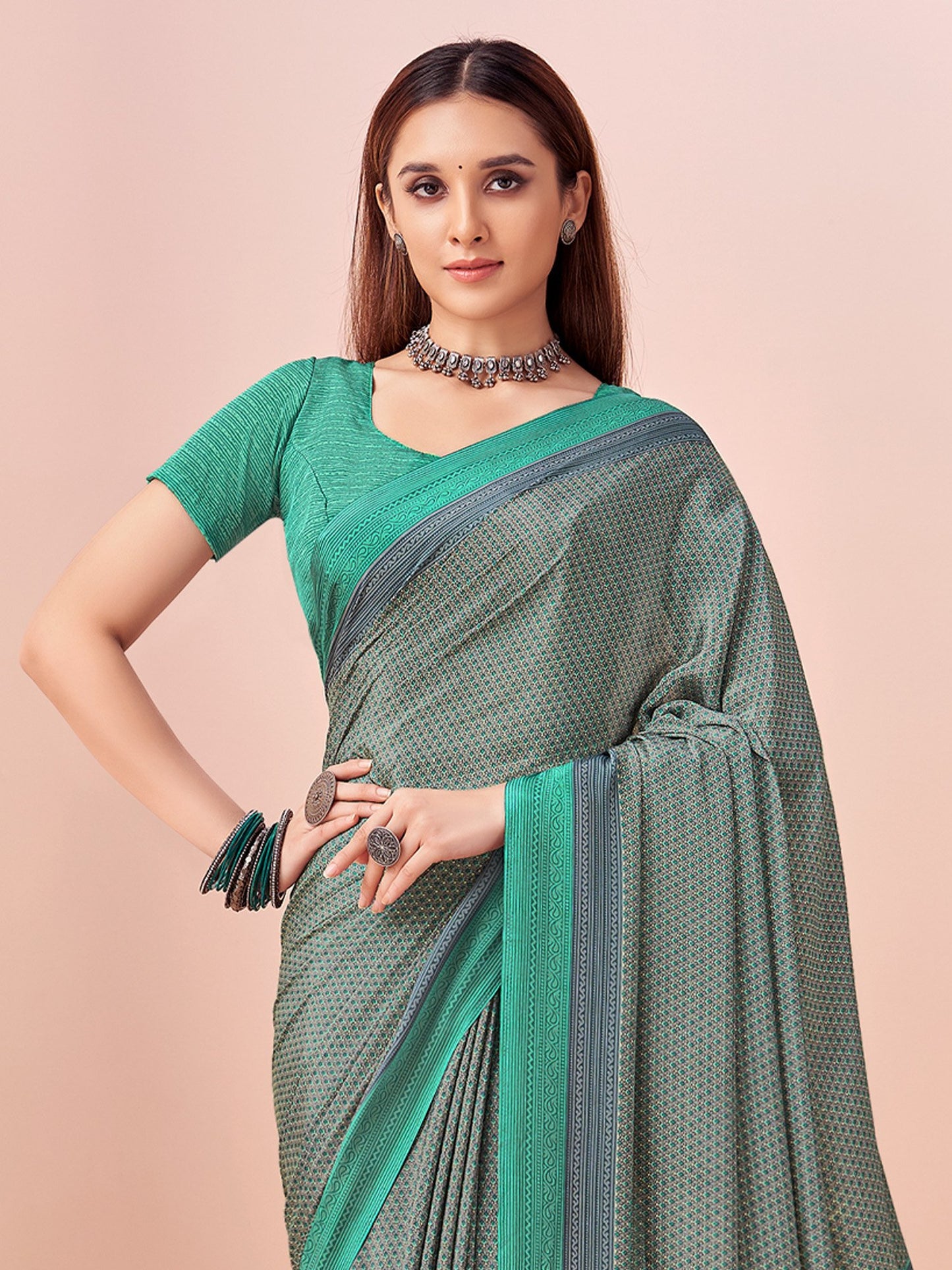 Sea Block Print Crepe Printed Saree