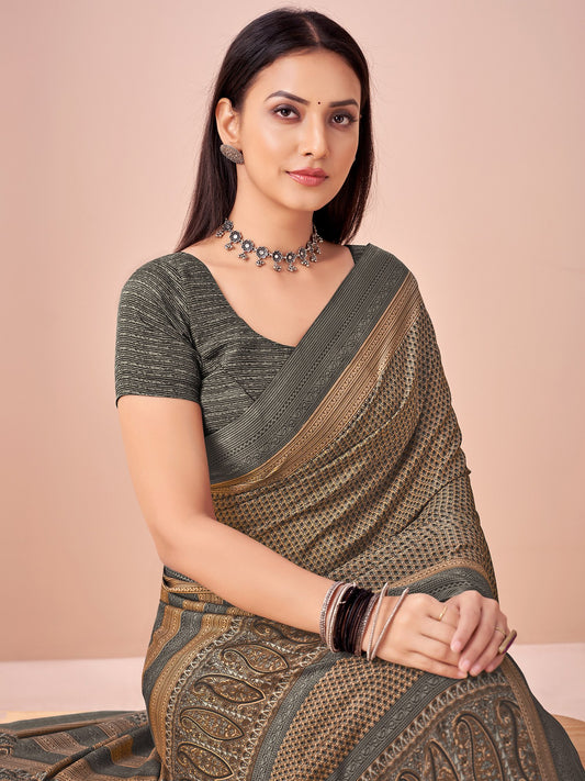 Brown Beige Block Print Crepe Printed Saree