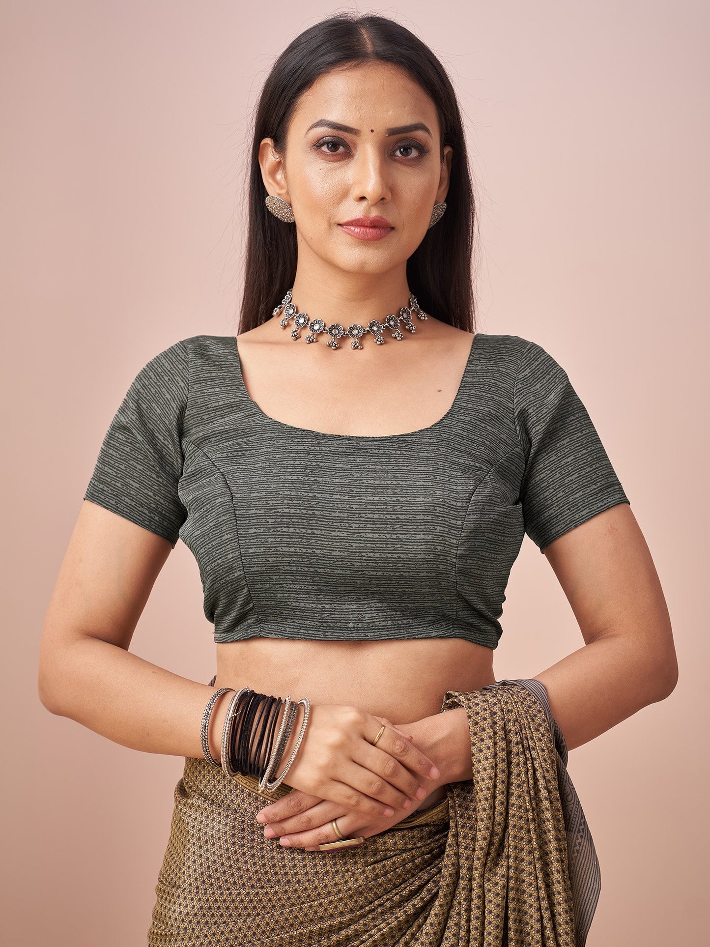 Beige Block Print Crepe Printed Saree