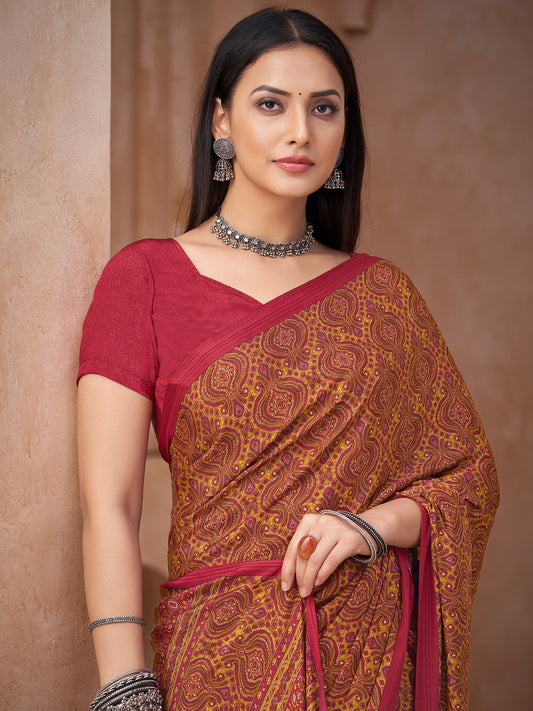 Maroon Maroon Block Print Crepe Printed Saree