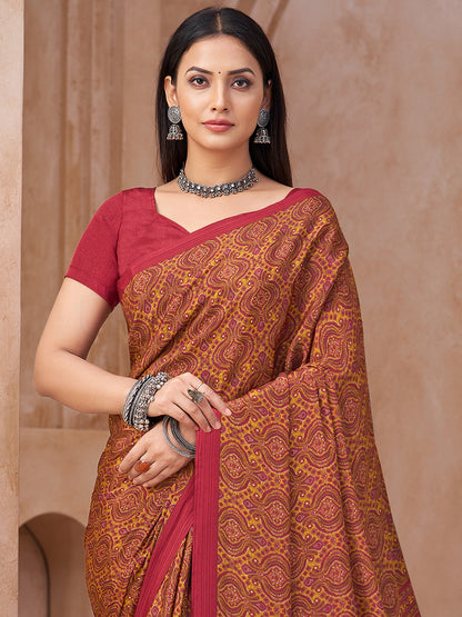 Maroon Block Print Crepe Printed Saree
