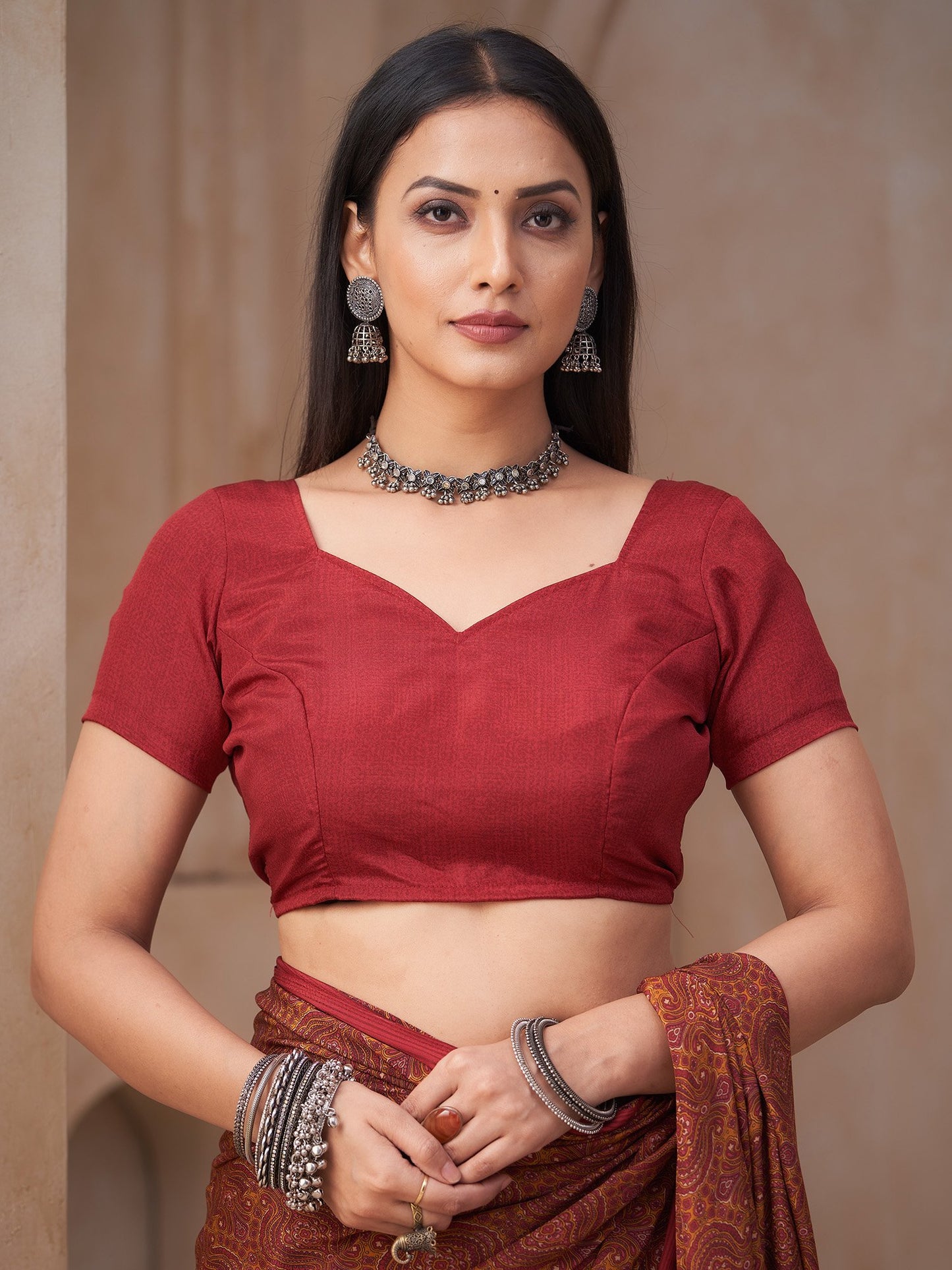 Maroon Block Print Crepe Printed Saree
