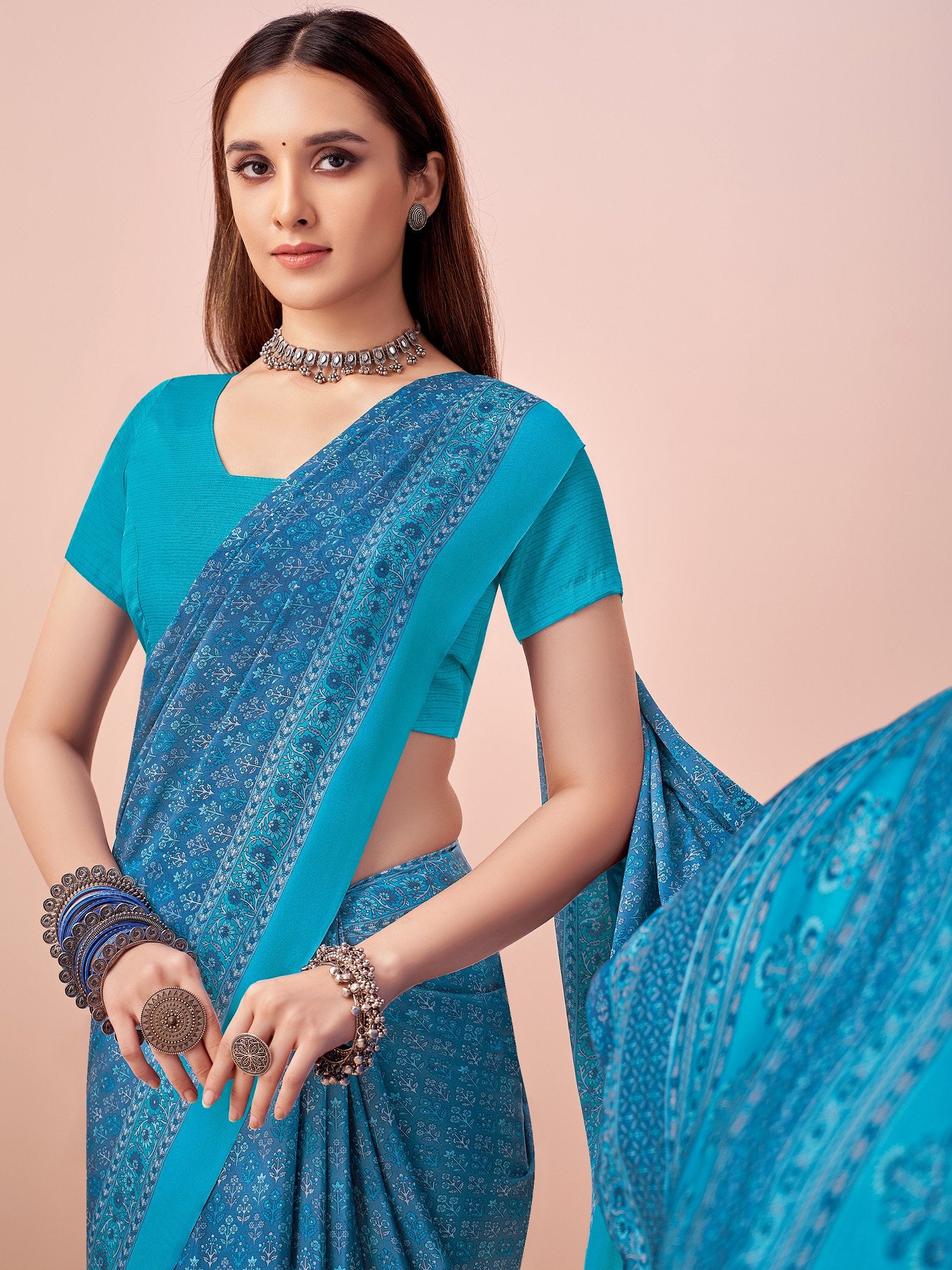 Blue Blue Block Print Crepe Printed Saree