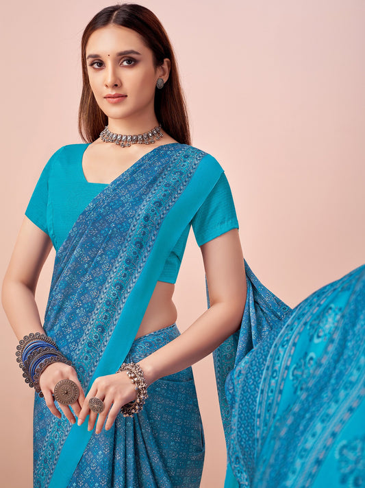 Blue Blue Block Print Crepe Printed Saree