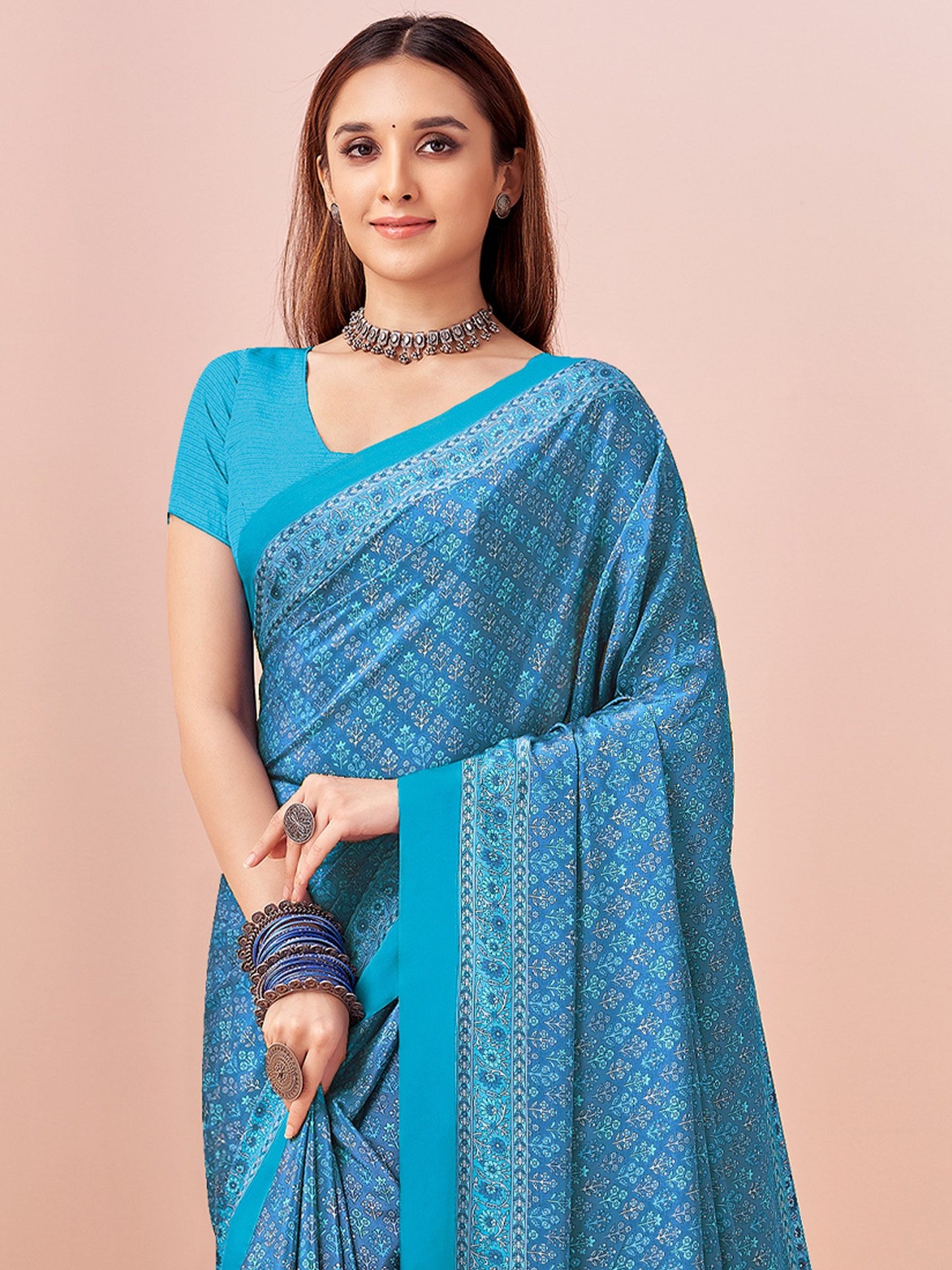 Blue Block Print Crepe Printed Saree