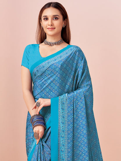 Blue Block Print Crepe Printed Saree