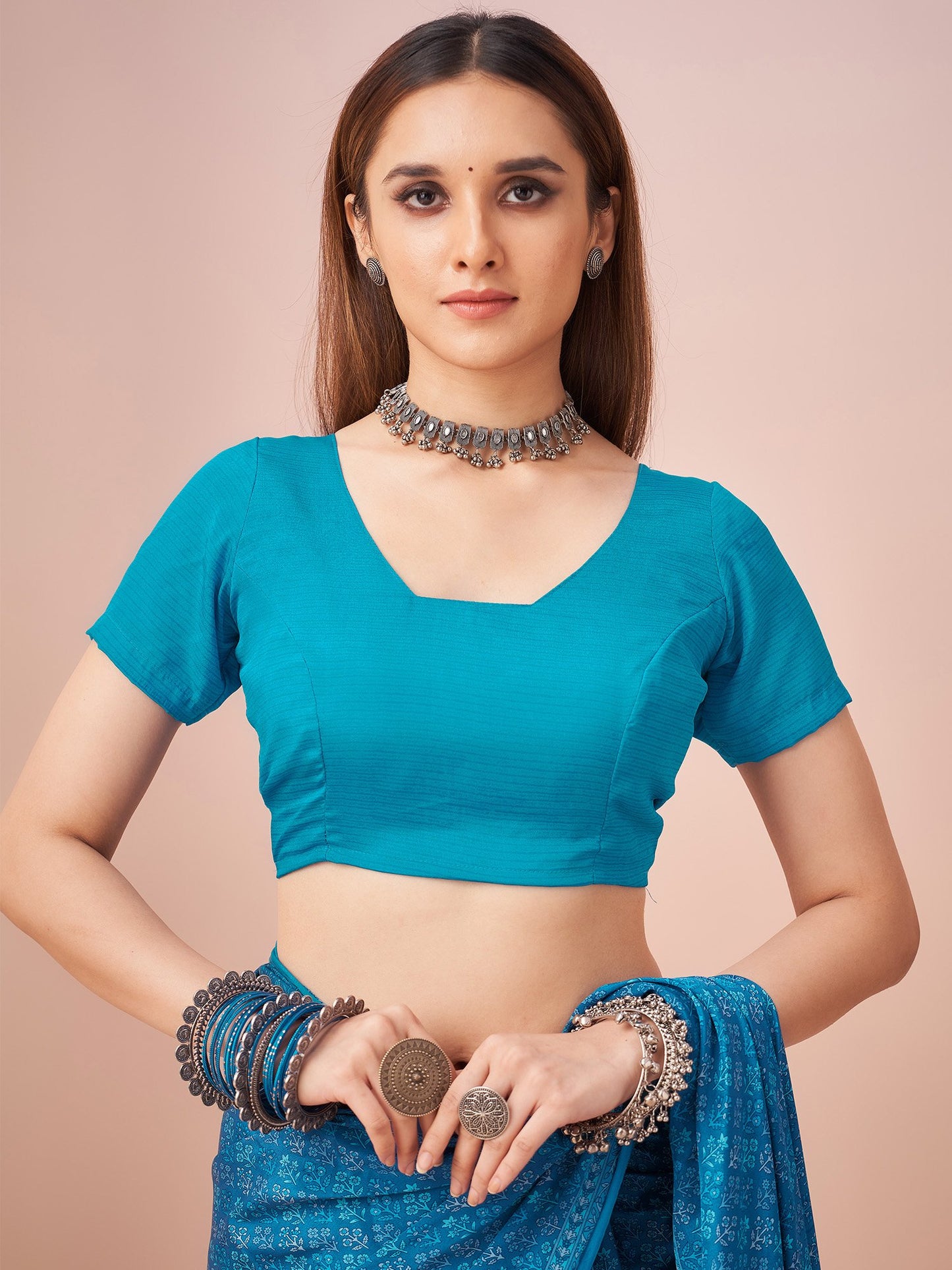 Blue Block Print Crepe Printed Saree