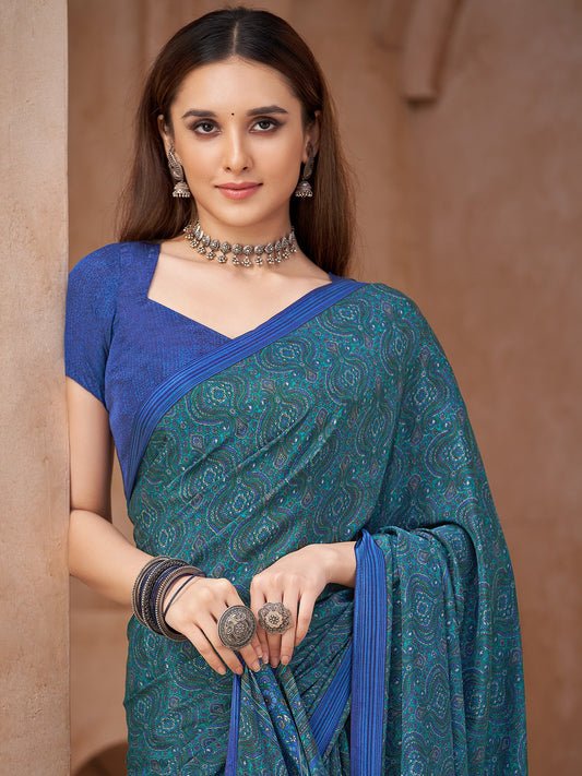 Blue Blue Block Print Crepe Printed Saree