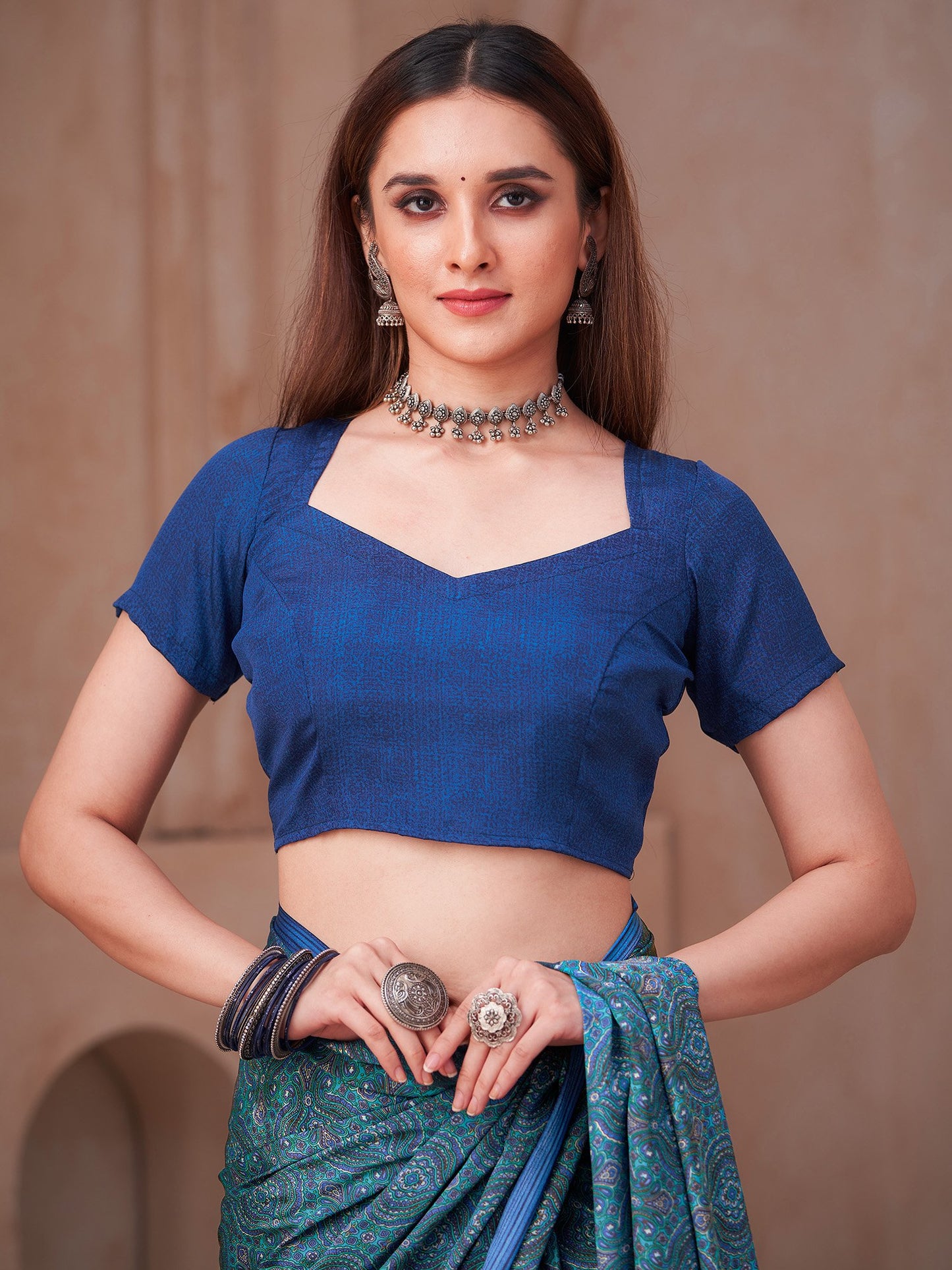Blue Block Print Crepe Printed Saree