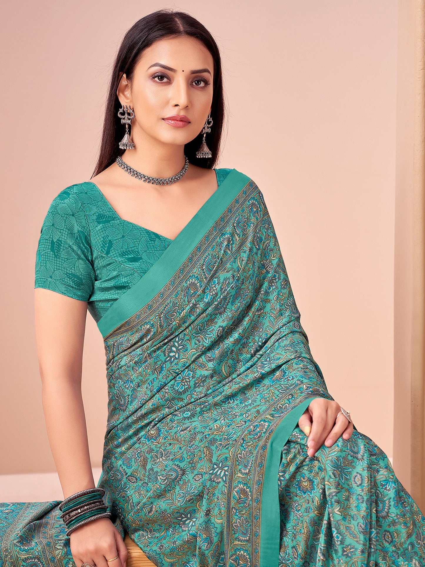 Blue Turquoise Block Print Crepe Printed Saree