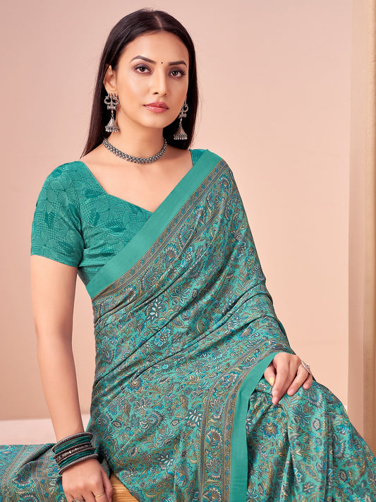Blue Turquoise Block Print Crepe Printed Saree