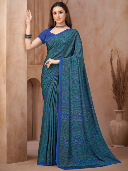 Blue Block Print Crepe Printed Saree