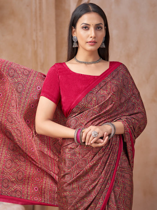 Pink Pink Block Print Crepe Printed Saree