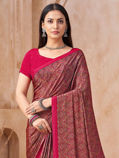 Pink Block Print Crepe Printed Saree