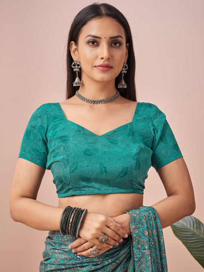 Turquoise Block Print Crepe Printed Saree