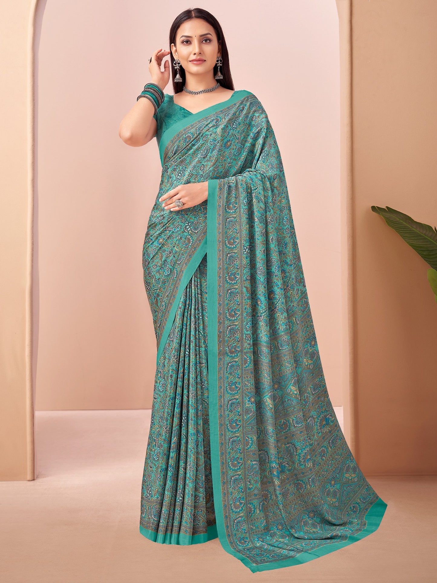 Turquoise Block Print Crepe Printed Saree
