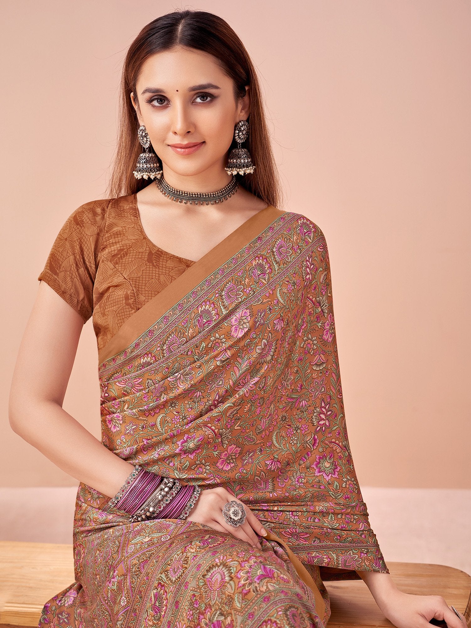 Brown Brown Block Print Crepe Printed Saree
