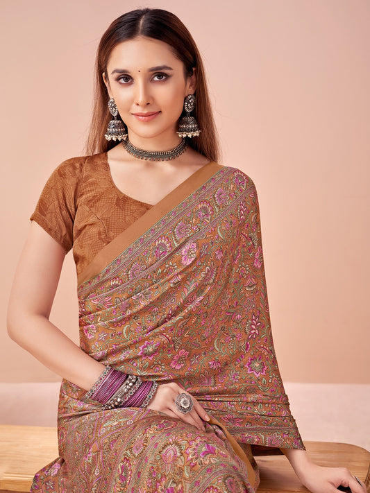Brown Brown Block Print Crepe Printed Saree
