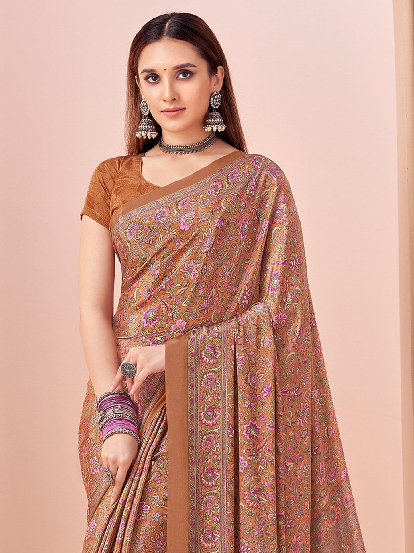 Brown Block Print Crepe Printed Saree