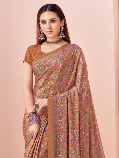Brown Block Print Crepe Printed Saree