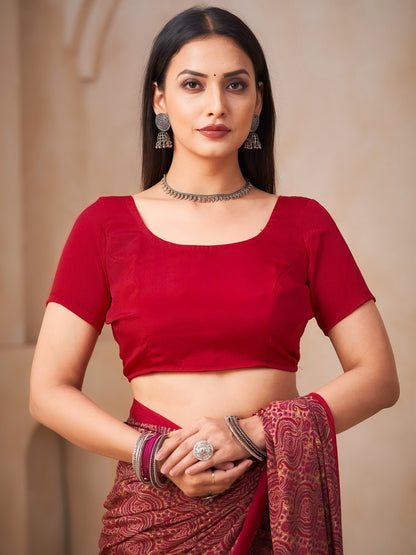 Pink Block Print Crepe Printed Saree