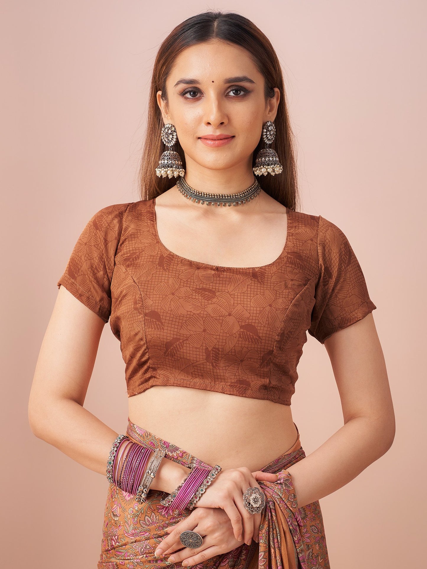 Brown Block Print Crepe Printed Saree