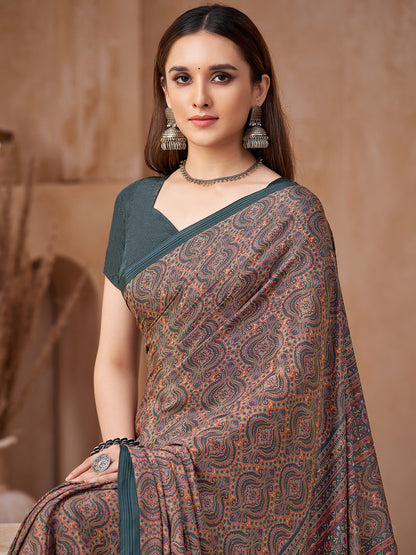 Grey Charcoal Block Print Crepe Printed Saree