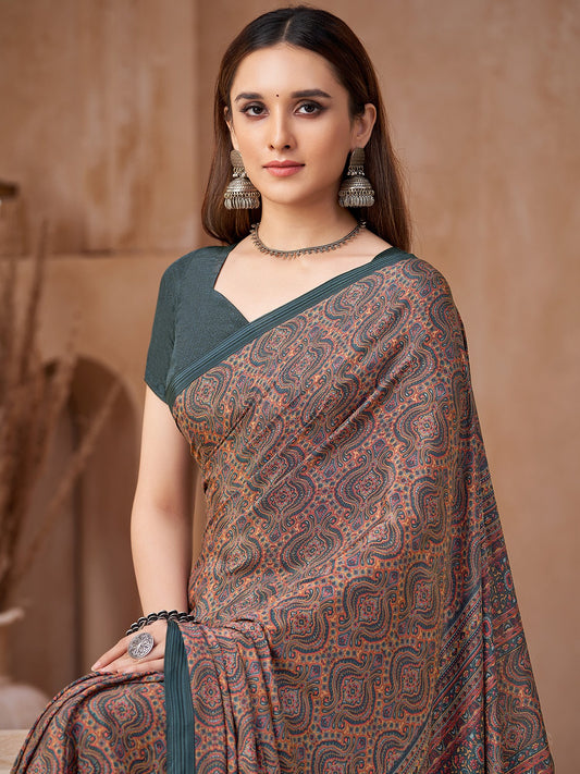 Grey Charcoal Block Print Crepe Printed Saree