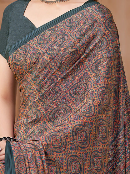 Charcoal Block Print Crepe Printed Saree