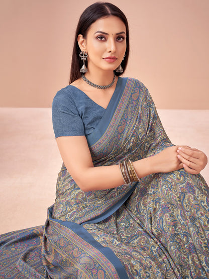 Blue Light Block Print Crepe Printed Saree