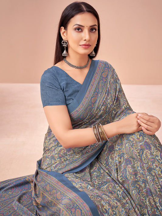 Blue Light Block Print Crepe Printed Saree