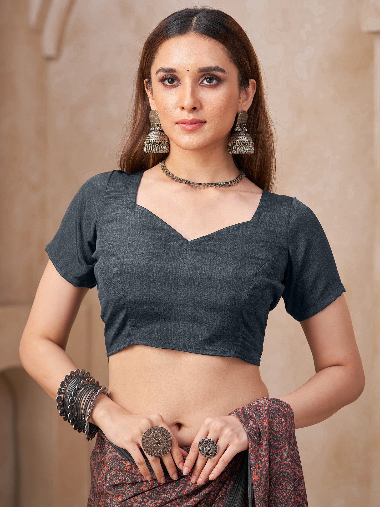 Charcoal Block Print Crepe Printed Saree