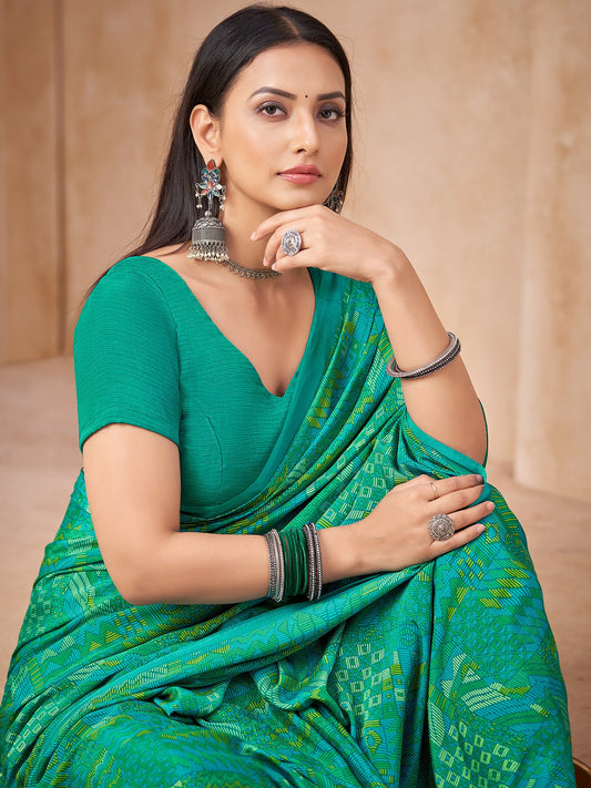 Blue Turquoise Block Print Crepe Printed Saree