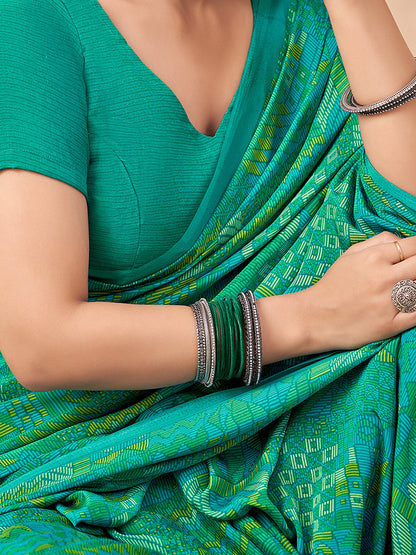 Turquoise Block Print Crepe Printed Saree