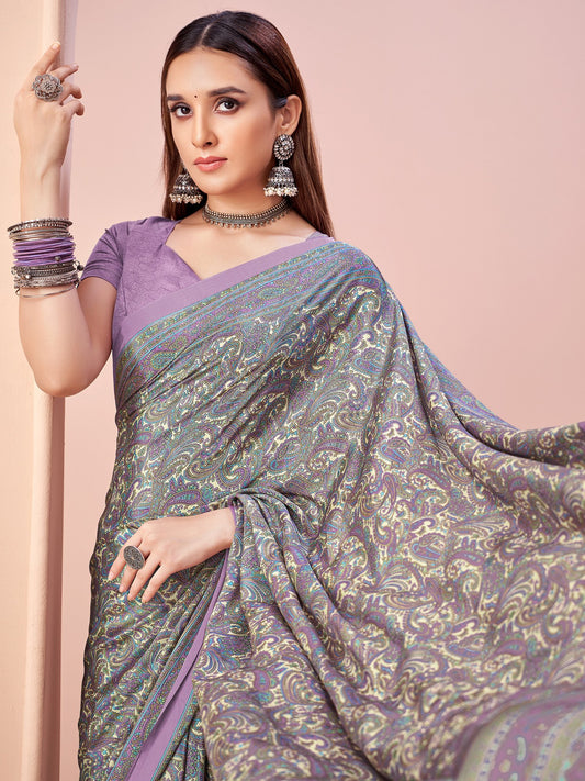 Lavender Lavendar Block Print Crepe Printed Saree
