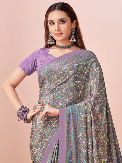 Lavendar Block Print Crepe Printed Saree