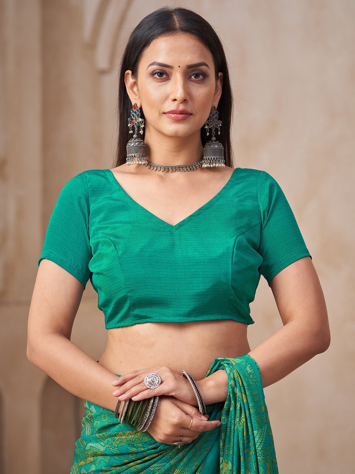 Turquoise Block Print Crepe Printed Saree