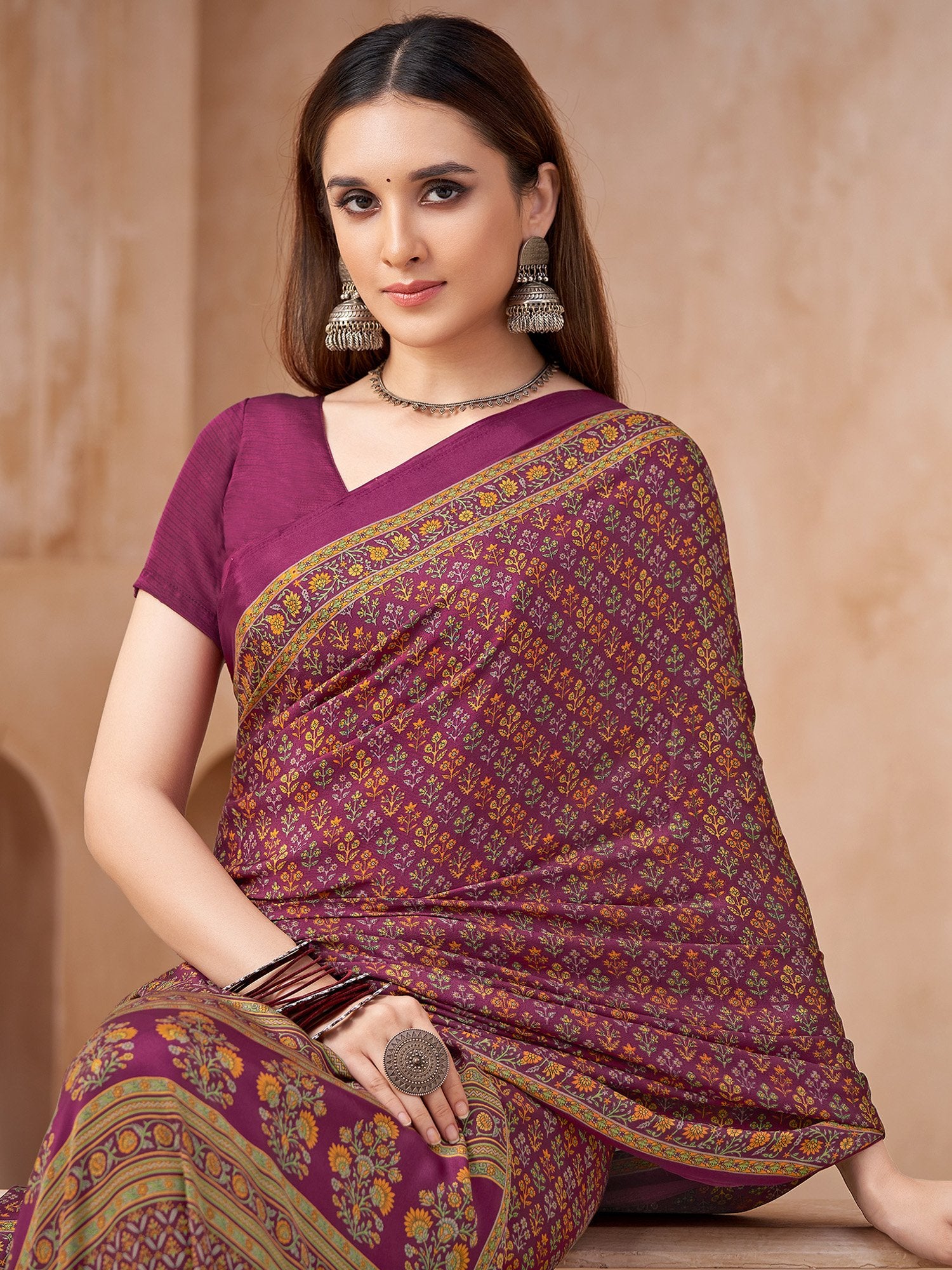 Purple Magenta Block Print Crepe Printed Saree