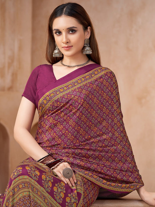 Purple Magenta Block Print Crepe Printed Saree