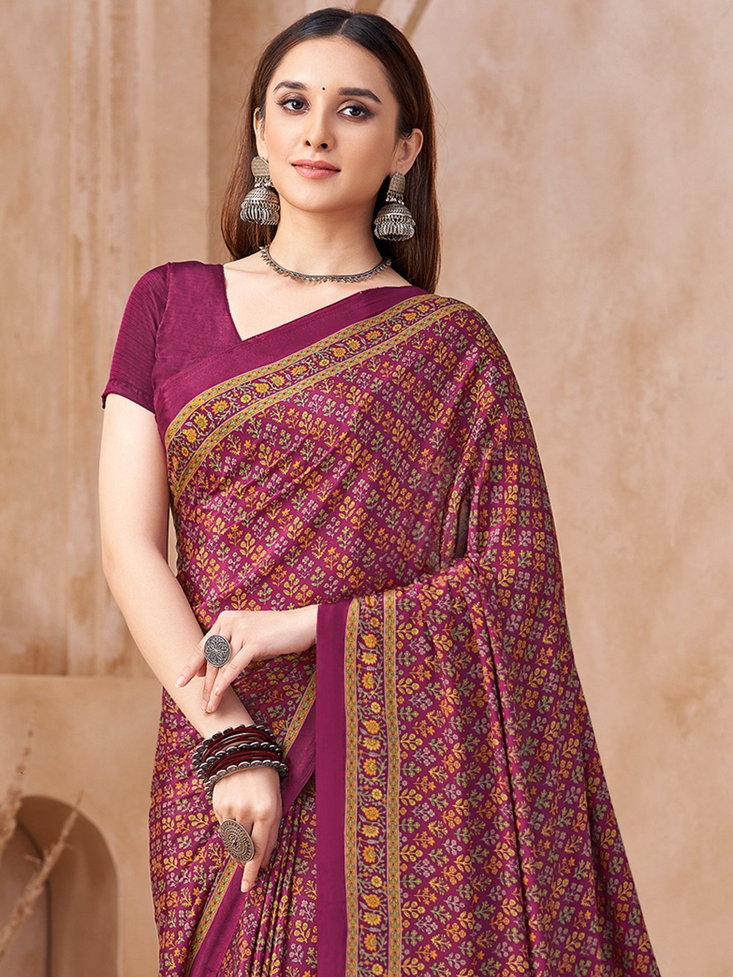 Magenta Block Print Crepe Printed Saree