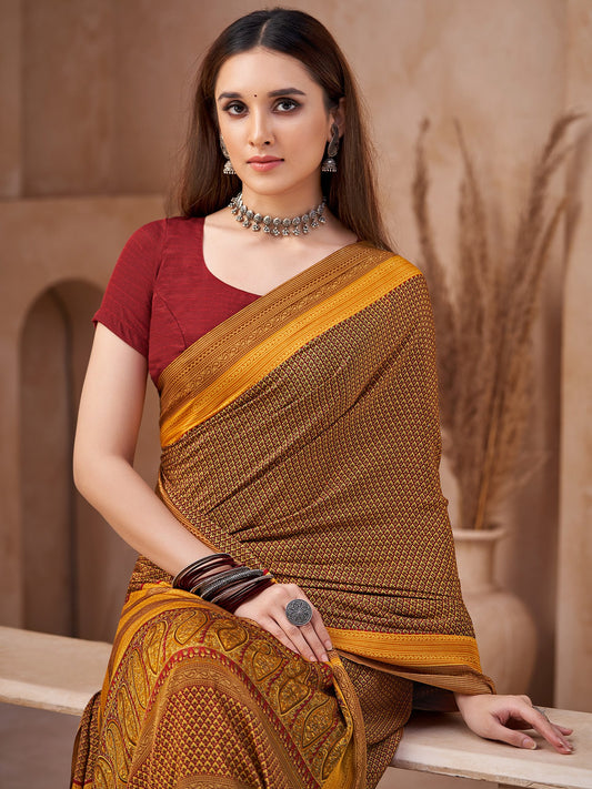 Yellow Mustard Block Print Crepe Printed Saree
