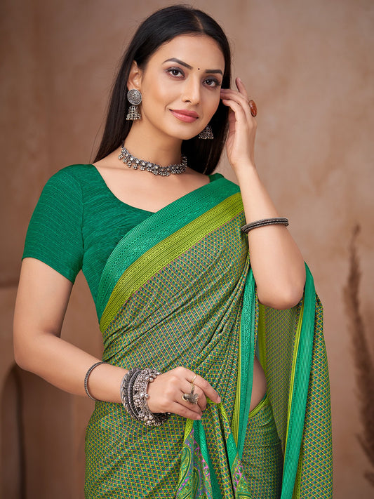 Green Green Block Print Crepe Printed Saree
