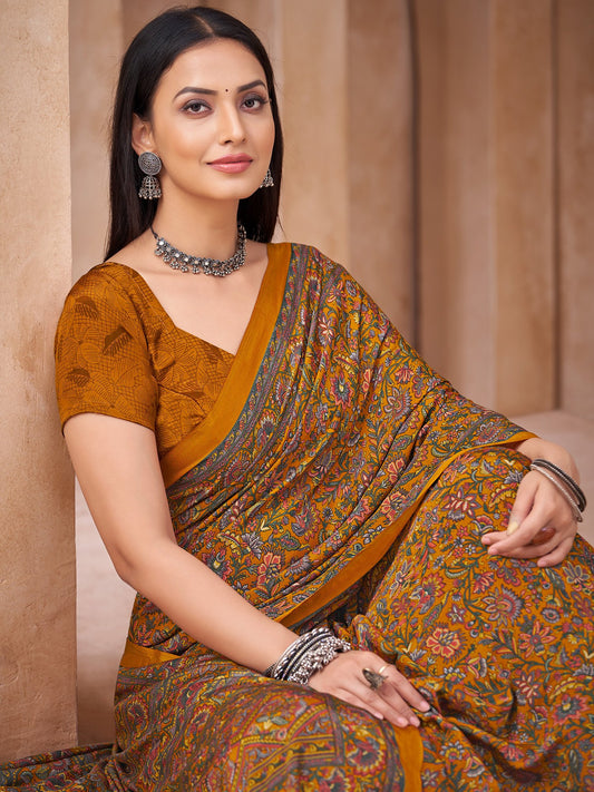 Yellow Mustard Bagru Crepe Printed Saree