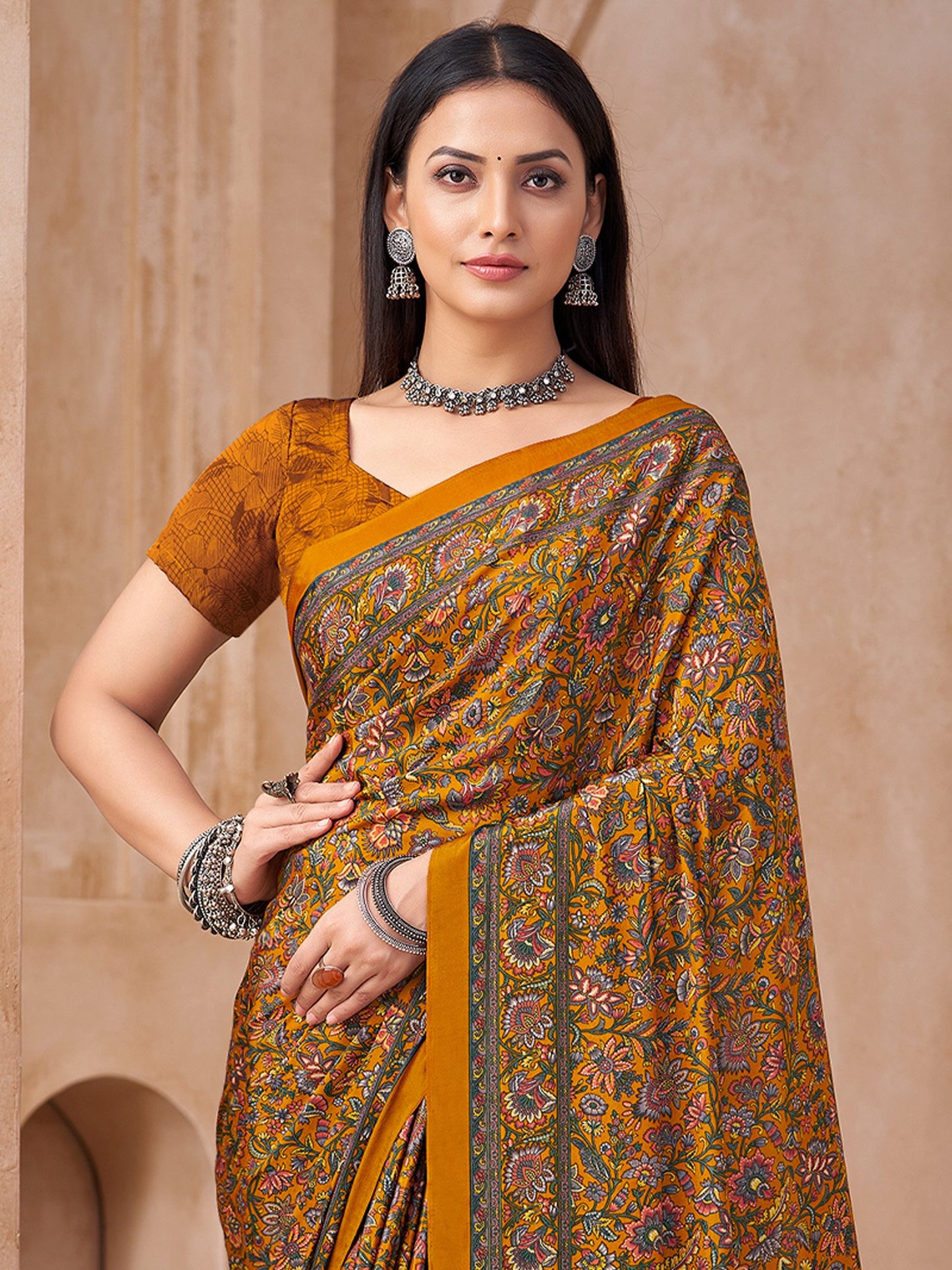 Mustard Bagru Crepe Printed Saree