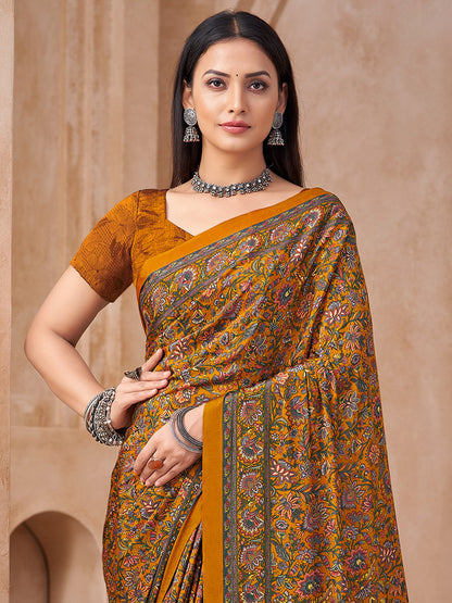 Mustard Bagru Crepe Printed Saree