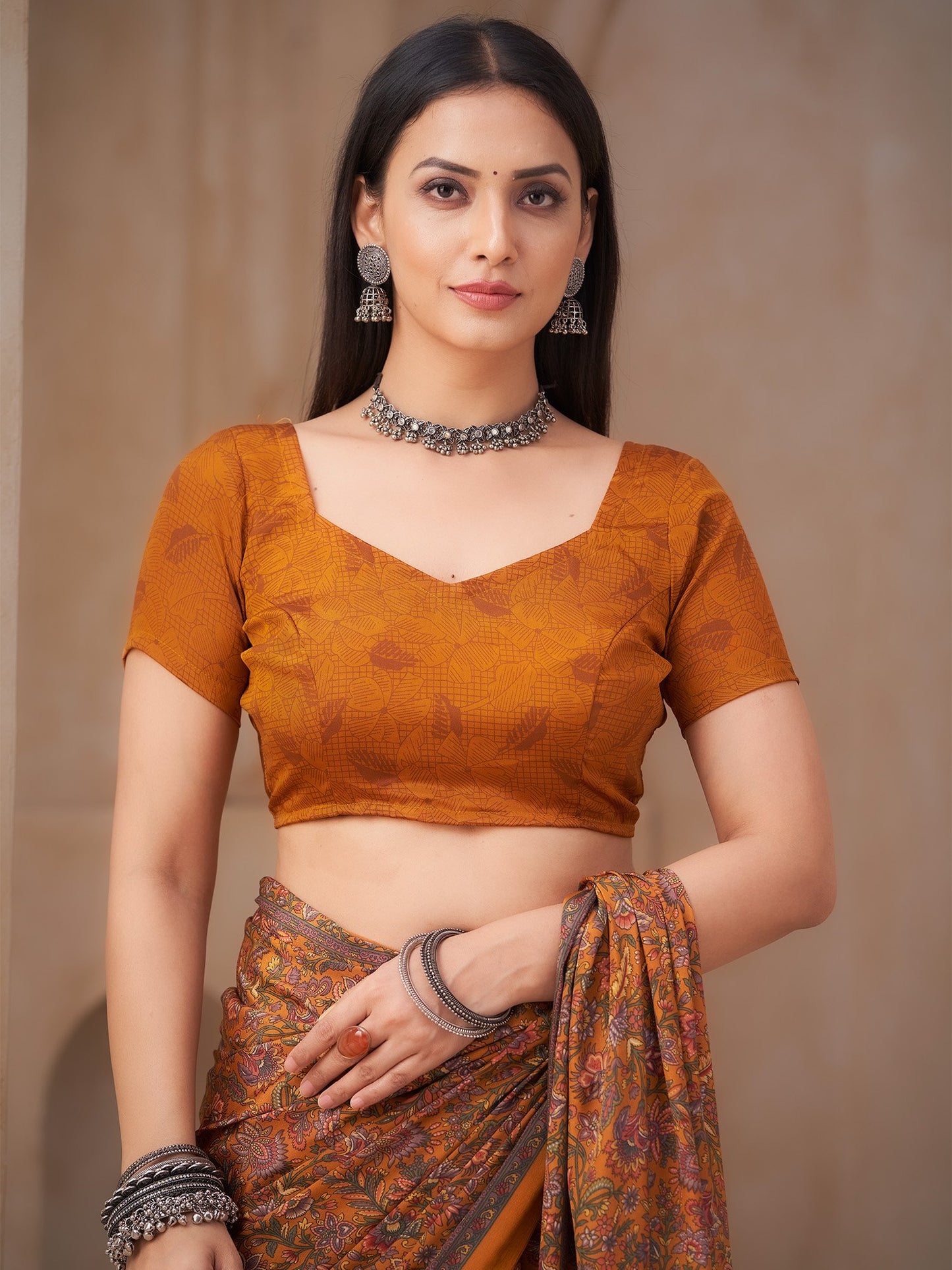 Mustard Bagru Crepe Printed Saree