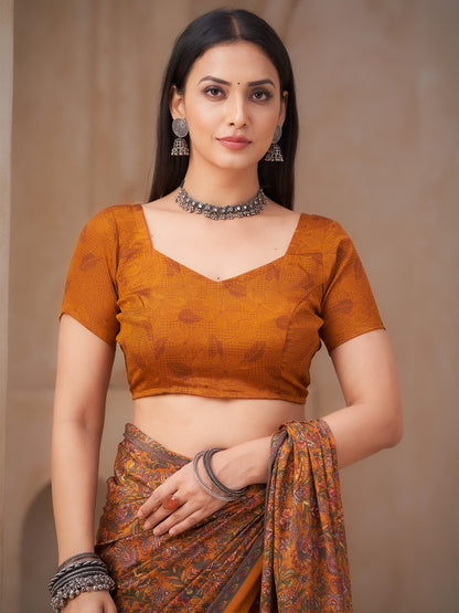 Mustard Bagru Crepe Printed Saree