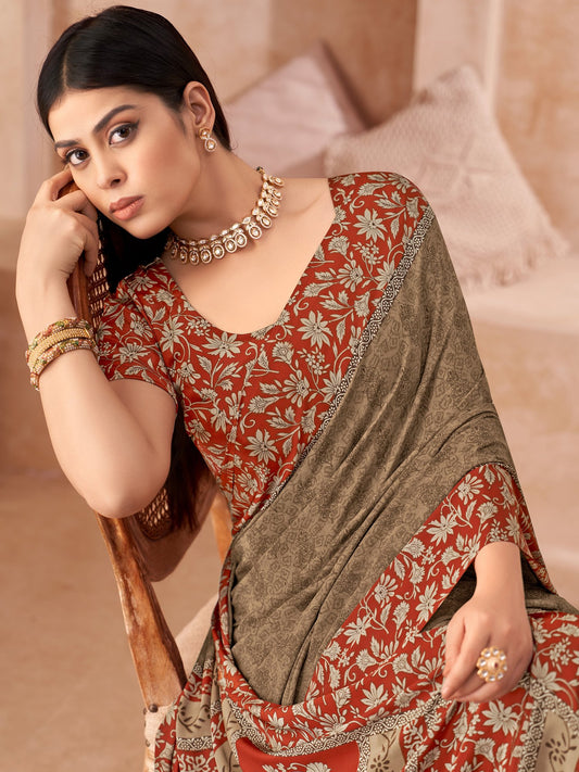 Brown Brown Bagru Crepe Printed Saree