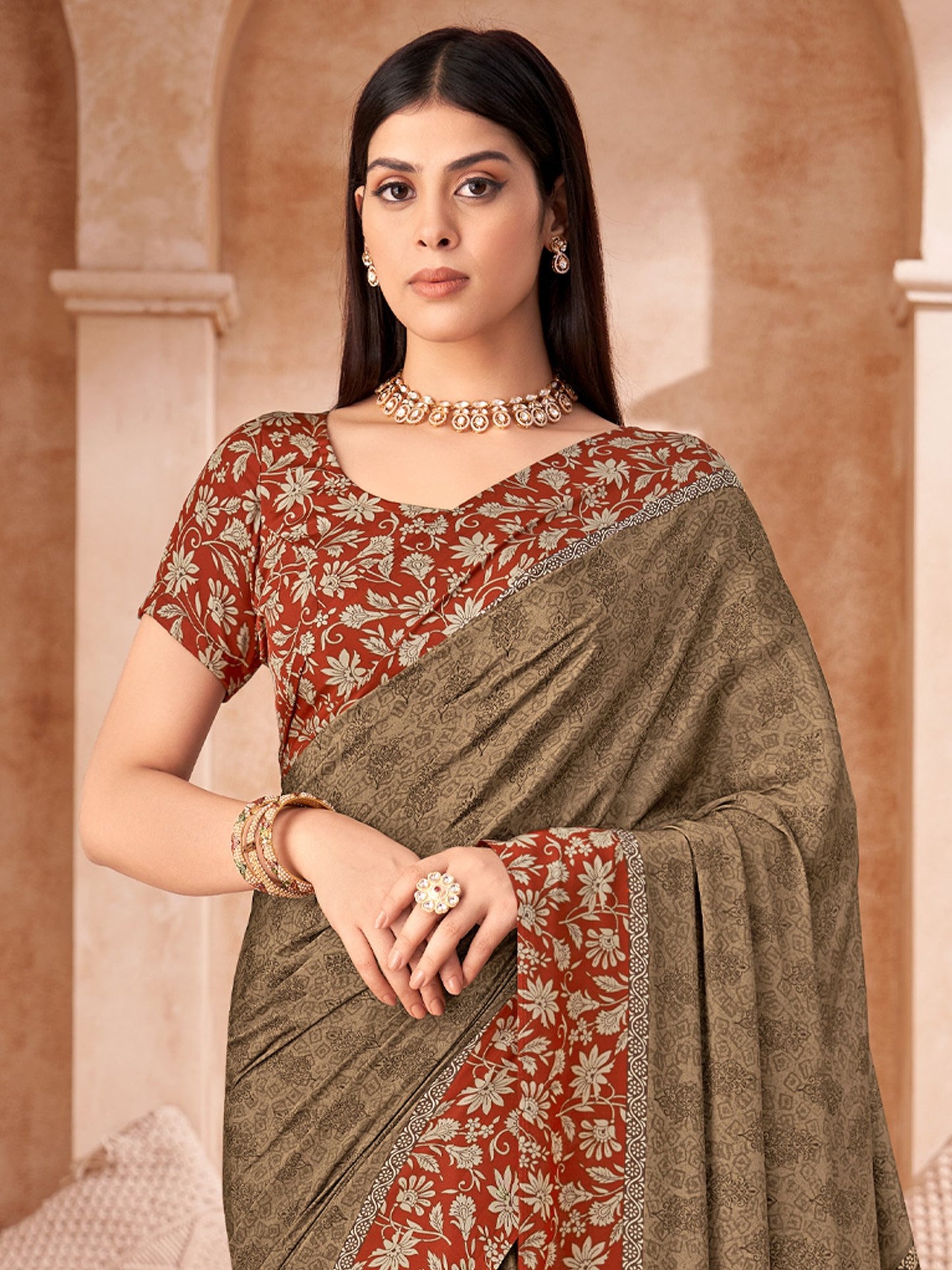 Brown Bagru Crepe Printed Saree