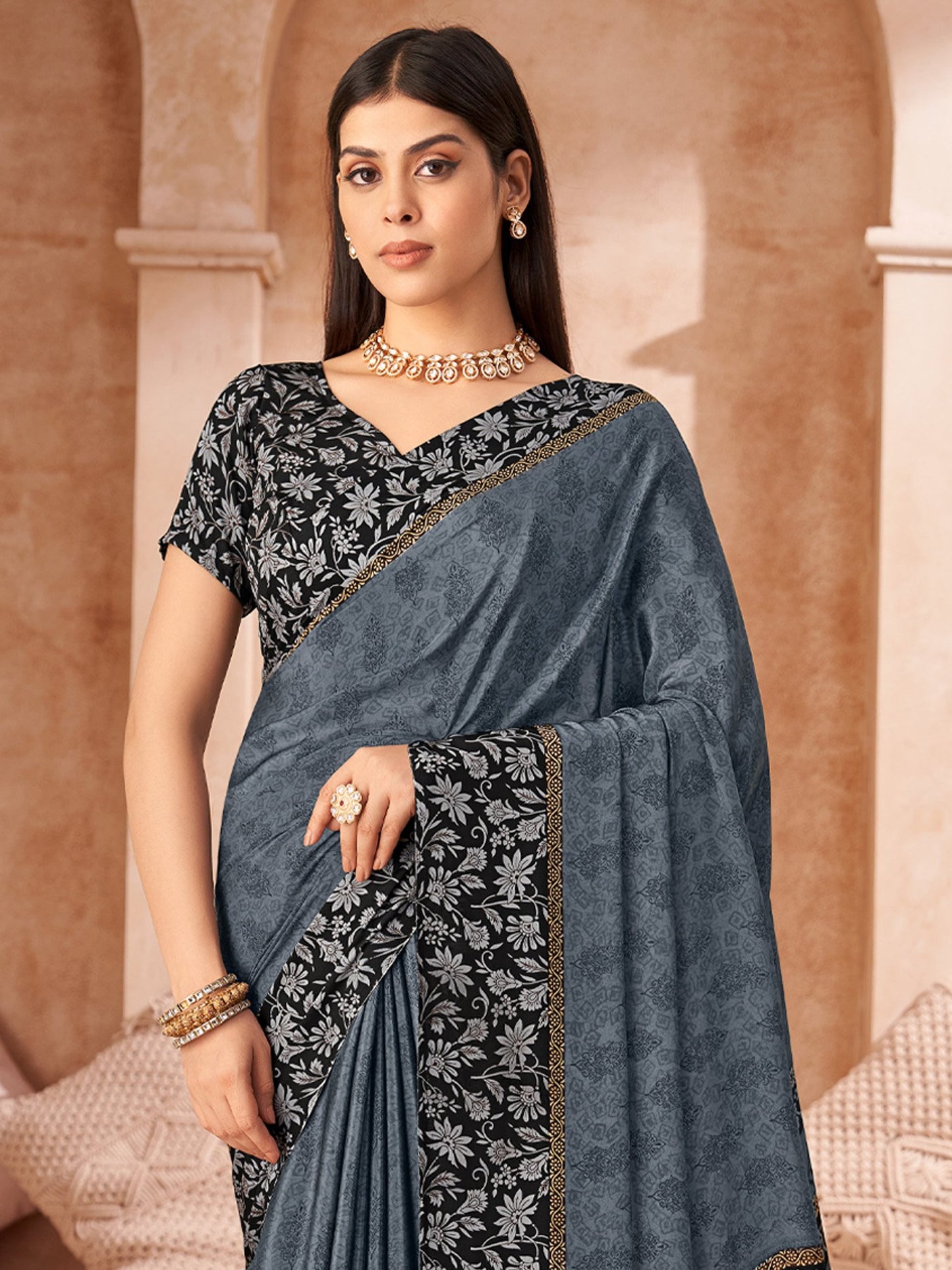 Charcoal Bagru Crepe Printed Saree